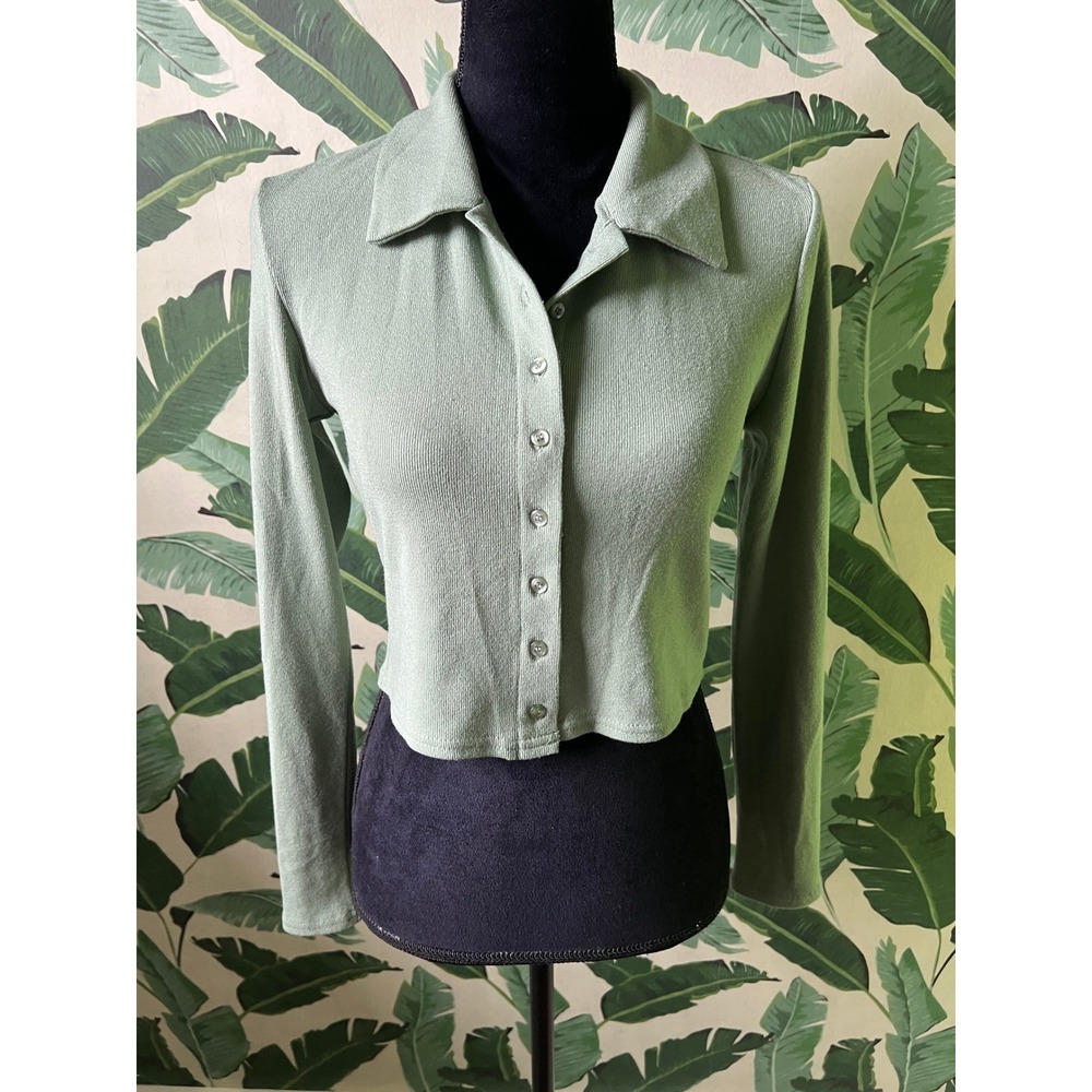 BP Button Front Cropped Cardigan Women Small Sage Green